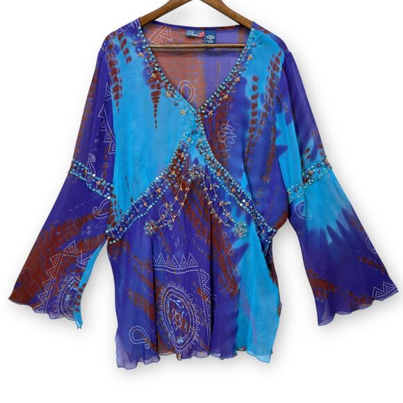 Vtg Y2k Beaded Babydoll Fairy Top Women 3X Blue Ethereal Sheer Gypsy Boho Hippie - Picture 3 of 15